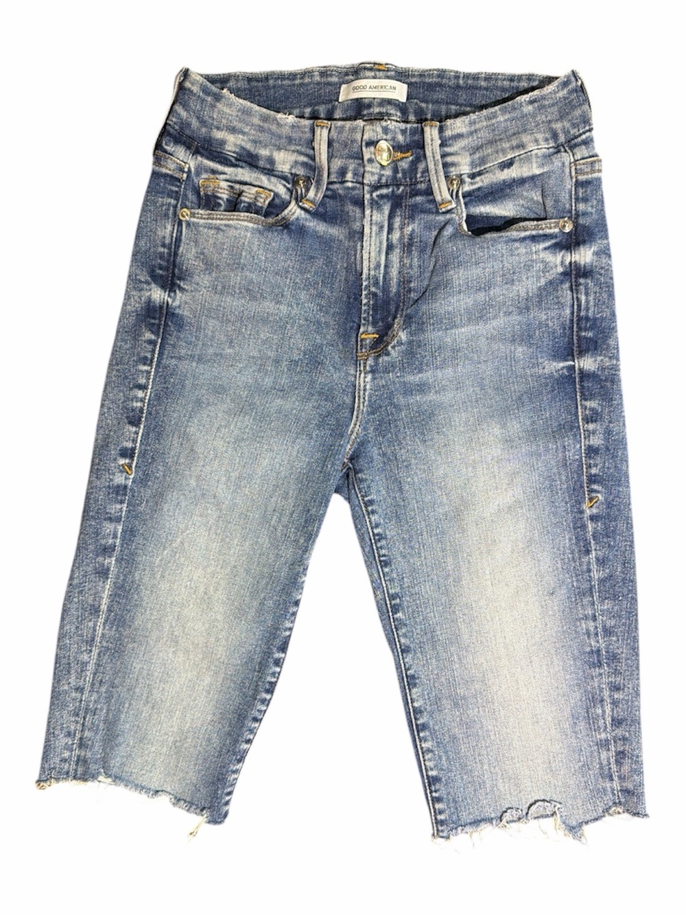 Good American “Good Legs” Bermuda denim shorts with distress size 0/25